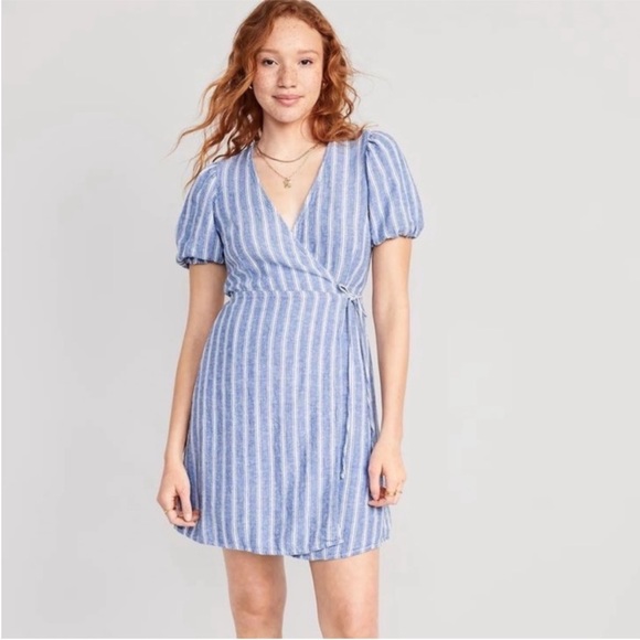 Old Navy Dresses & Skirts - Old Navy Cotton Linen Striped Wrap Dress with Puff Sleeves size Small